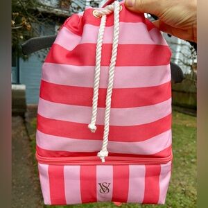 NWT Victorias Secret Pink Striped Drawstring Backpack Travel Bag Carryon Coral